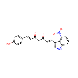 O=C(/C=C/c1ccc(O)cc1)CC(=O)/C=C/c1c[nH]c2cccc([N+](=O)[O-])c12 ZINC000167180686