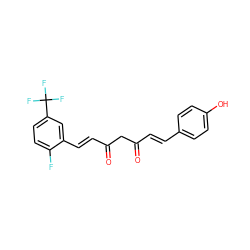 O=C(/C=C/c1ccc(O)cc1)CC(=O)/C=C/c1cc(C(F)(F)F)ccc1F ZINC000116760495