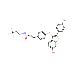 O=C(/C=C/c1ccc(Oc2c(-c3ccc(O)cc3)sc3cc(O)ccc23)cc1)NCCC(F)(F)F ZINC000221310140