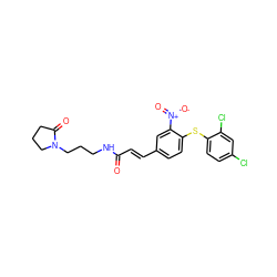 O=C(/C=C/c1ccc(Sc2ccc(Cl)cc2Cl)c([N+](=O)[O-])c1)NCCCN1CCCC1=O ZINC000013814839