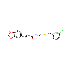 O=C(/C=C/c1ccc2c(c1)OCO2)NCCSCc1cccc(Cl)c1 ZINC000002916702