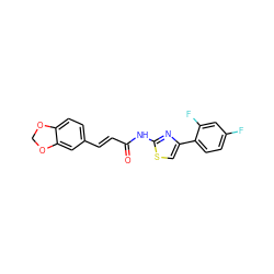 O=C(/C=C/c1ccc2c(c1)OCO2)Nc1nc(-c2ccc(F)cc2F)cs1 ZINC000000657576