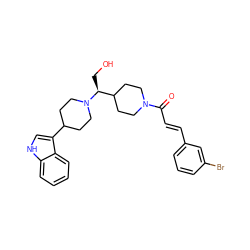 O=C(/C=C/c1cccc(Br)c1)N1CCC([C@H](CO)N2CCC(c3c[nH]c4ccccc34)CC2)CC1 ZINC000029045432