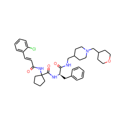 O=C(/C=C/c1ccccc1Cl)NC1(C(=O)N[C@H](Cc2ccccc2)C(=O)NCC2CCN(CC3CCOCC3)CC2)CCCC1 ZINC000042834265