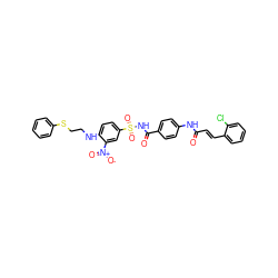 O=C(/C=C/c1ccccc1Cl)Nc1ccc(C(=O)NS(=O)(=O)c2ccc(NCCSc3ccccc3)c([N+](=O)[O-])c2)cc1 ZINC001772582994