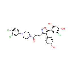 O=C(/C=C/c1noc(-c2cc(Cl)c(O)cc2O)c1-c1ccc(O)cc1)N1CCN(c2ccc(Cl)c(Cl)c2)CC1 ZINC000299827389