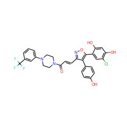 O=C(/C=C/c1noc(-c2cc(Cl)c(O)cc2O)c1-c1ccc(O)cc1)N1CCN(c2cccc(C(F)(F)F)c2)CC1 ZINC000299831937