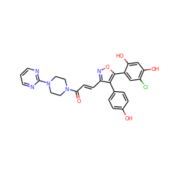 O=C(/C=C/c1noc(-c2cc(Cl)c(O)cc2O)c1-c1ccc(O)cc1)N1CCN(c2ncccn2)CC1 ZINC000299841398