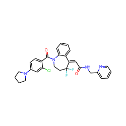 O=C(/C=C1/c2ccccc2N(C(=O)c2ccc(N3CCCC3)cc2Cl)CCC1(F)F)NCc1ccccn1 ZINC000042877362