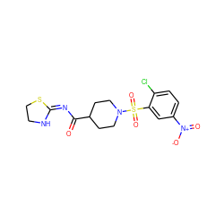 O=C(/N=C1\NCCS1)C1CCN(S(=O)(=O)c2cc([N+](=O)[O-])ccc2Cl)CC1 ZINC000012537916