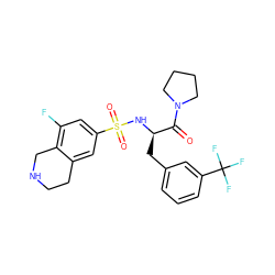 O=C([C@@H](Cc1cccc(C(F)(F)F)c1)NS(=O)(=O)c1cc(F)c2c(c1)CCNC2)N1CCCC1 ZINC000095920703