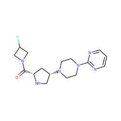 O=C([C@@H]1C[C@H](N2CCN(c3ncccn3)CC2)CN1)N1CC(F)C1 ZINC000040898947