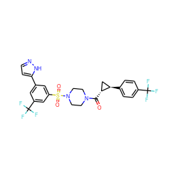 O=C([C@@H]1C[C@H]1c1ccc(C(F)(F)F)cc1)N1CCN(S(=O)(=O)c2cc(-c3ccn[nH]3)cc(C(F)(F)F)c2)CC1 ZINC000049872385