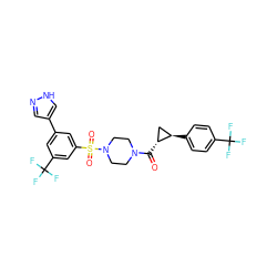 O=C([C@@H]1C[C@H]1c1ccc(C(F)(F)F)cc1)N1CCN(S(=O)(=O)c2cc(-c3cn[nH]c3)cc(C(F)(F)F)c2)CC1 ZINC000042888195