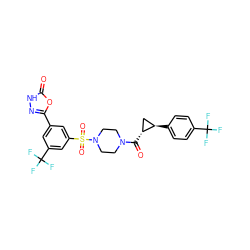 O=C([C@@H]1C[C@H]1c1ccc(C(F)(F)F)cc1)N1CCN(S(=O)(=O)c2cc(-c3n[nH]c(=O)o3)cc(C(F)(F)F)c2)CC1 ZINC000049872347