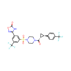 O=C([C@@H]1C[C@H]1c1ccc(C(F)(F)F)cc1)N1CCN(S(=O)(=O)c2cc(-c3noc(=O)[nH]3)cc(C(F)(F)F)c2)CC1 ZINC000042887620