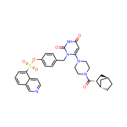 O=C([C@@H]1C[C@H]2CC[C@H]1C2)N1CCN(c2cc(=O)[nH]c(=O)n2Cc2ccc(OS(=O)(=O)c3cccc4cnccc34)cc2)CC1 ZINC000653803722