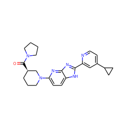 O=C([C@@H]1CCCN(c2ccc3[nH]c(-c4cc(C5CC5)ccn4)nc3n2)C1)N1CCCC1 ZINC001772628605