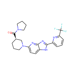 O=C([C@@H]1CCCN(c2ccc3[nH]c(-c4cccc(C(F)(F)F)n4)nc3n2)C1)N1CCCC1 ZINC000221394131