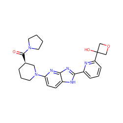 O=C([C@@H]1CCCN(c2ccc3[nH]c(-c4cccc(C5(O)COC5)n4)nc3n2)C1)N1CCCC1 ZINC000221409336