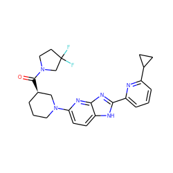 O=C([C@@H]1CCCN(c2ccc3[nH]c(-c4cccc(C5CC5)n4)nc3n2)C1)N1CCC(F)(F)C1 ZINC000221408510