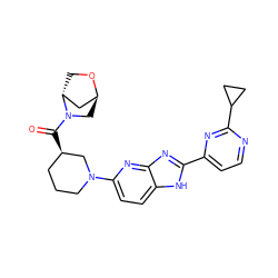 O=C([C@@H]1CCCN(c2ccc3[nH]c(-c4ccnc(C5CC5)n4)nc3n2)C1)N1C[C@H]2C[C@H]1CO2 ZINC001772621369