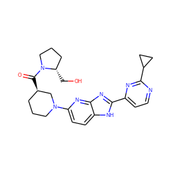 O=C([C@@H]1CCCN(c2ccc3[nH]c(-c4ccnc(C5CC5)n4)nc3n2)C1)N1CCC[C@@H]1CO ZINC001772627704