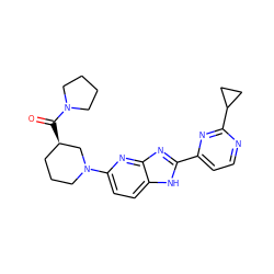 O=C([C@@H]1CCCN(c2ccc3[nH]c(-c4ccnc(C5CC5)n4)nc3n2)C1)N1CCCC1 ZINC000221409171