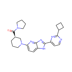 O=C([C@@H]1CCCN(c2ccc3[nH]c(-c4ccnc(C5CCC5)n4)nc3n2)C1)N1CCCC1 ZINC000221409896