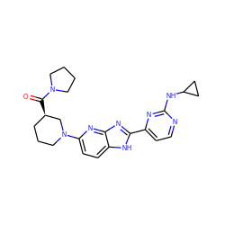 O=C([C@@H]1CCCN(c2ccc3[nH]c(-c4ccnc(NC5CC5)n4)nc3n2)C1)N1CCCC1 ZINC001772622758