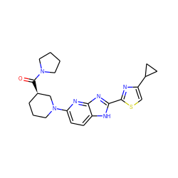 O=C([C@@H]1CCCN(c2ccc3[nH]c(-c4nc(C5CC5)cs4)nc3n2)C1)N1CCCC1 ZINC001772644563