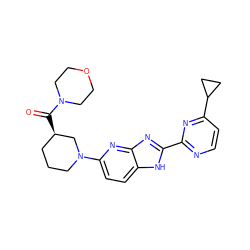 O=C([C@@H]1CCCN(c2ccc3[nH]c(-c4nccc(C5CC5)n4)nc3n2)C1)N1CCOCC1 ZINC000221405395