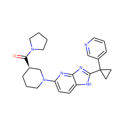 O=C([C@@H]1CCCN(c2ccc3[nH]c(C4(c5cccnc5)CC4)nc3n2)C1)N1CCCC1 ZINC000221409086