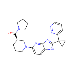 O=C([C@@H]1CCCN(c2ccc3[nH]c(C4(c5cccnn5)CC4)nc3n2)C1)N1CCCC1 ZINC000221409496