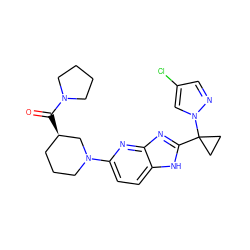 O=C([C@@H]1CCCN(c2ccc3[nH]c(C4(n5cc(Cl)cn5)CC4)nc3n2)C1)N1CCCC1 ZINC000205300675