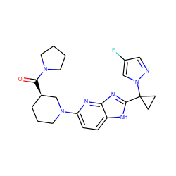 O=C([C@@H]1CCCN(c2ccc3[nH]c(C4(n5cc(F)cn5)CC4)nc3n2)C1)N1CCCC1 ZINC000205300632