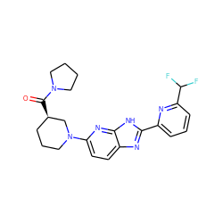 O=C([C@@H]1CCCN(c2ccc3nc(-c4cccc(C(F)F)n4)[nH]c3n2)C1)N1CCCC1 ZINC001772592995