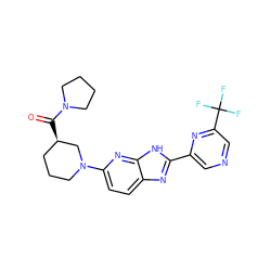 O=C([C@@H]1CCCN(c2ccc3nc(-c4cncc(C(F)(F)F)n4)[nH]c3n2)C1)N1CCCC1 ZINC001772651745