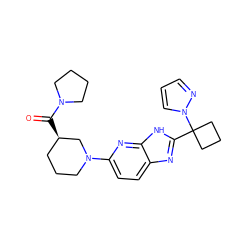 O=C([C@@H]1CCCN(c2ccc3nc(C4(n5cccn5)CCC4)[nH]c3n2)C1)N1CCCC1 ZINC001772623866