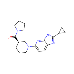 O=C([C@@H]1CCCN(c2ccc3nc(C4CC4)[nH]c3n2)C1)N1CCCC1 ZINC001772584809