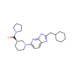 O=C([C@@H]1CCCN(c2ccc3nc(CC4CCCCC4)[nH]c3n2)C1)N1CCCC1 ZINC001772578505