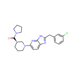 O=C([C@@H]1CCCN(c2ccc3nc(Cc4cccc(Cl)c4)[nH]c3n2)C1)N1CCCC1 ZINC001772593463