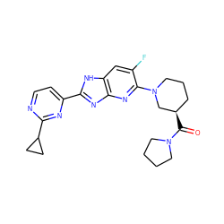 O=C([C@@H]1CCCN(c2nc3nc(-c4ccnc(C5CC5)n4)[nH]c3cc2F)C1)N1CCCC1 ZINC000221410224