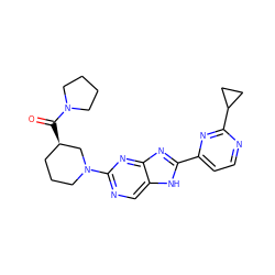 O=C([C@@H]1CCCN(c2ncc3[nH]c(-c4ccnc(C5CC5)n4)nc3n2)C1)N1CCCC1 ZINC000221405305