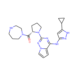 O=C([C@@H]1CCCN1c1nc(Nc2cc(C3CC3)[nH]n2)c2cccn2n1)N1CCCNCC1 ZINC000096177841