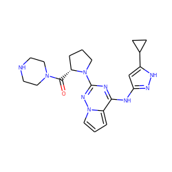 O=C([C@@H]1CCCN1c1nc(Nc2cc(C3CC3)[nH]n2)c2cccn2n1)N1CCNCC1 ZINC000096177842