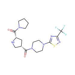 O=C([C@@H]1CN[C@H](C(=O)N2CCCC2)C1)N1CCN(c2nc(C(F)(F)F)ns2)CC1 ZINC000029130373