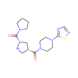 O=C([C@@H]1CN[C@H](C(=O)N2CCCC2)C1)N1CCN(c2ncns2)CC1 ZINC000029130606