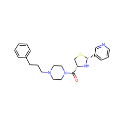 O=C([C@@H]1CS[C@H](c2cccnc2)N1)N1CCN(CCCc2ccccc2)CC1 ZINC000011686630