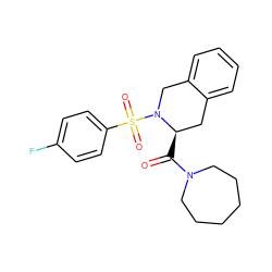 O=C([C@@H]1Cc2ccccc2CN1S(=O)(=O)c1ccc(F)cc1)N1CCCCCC1 ZINC000000869219